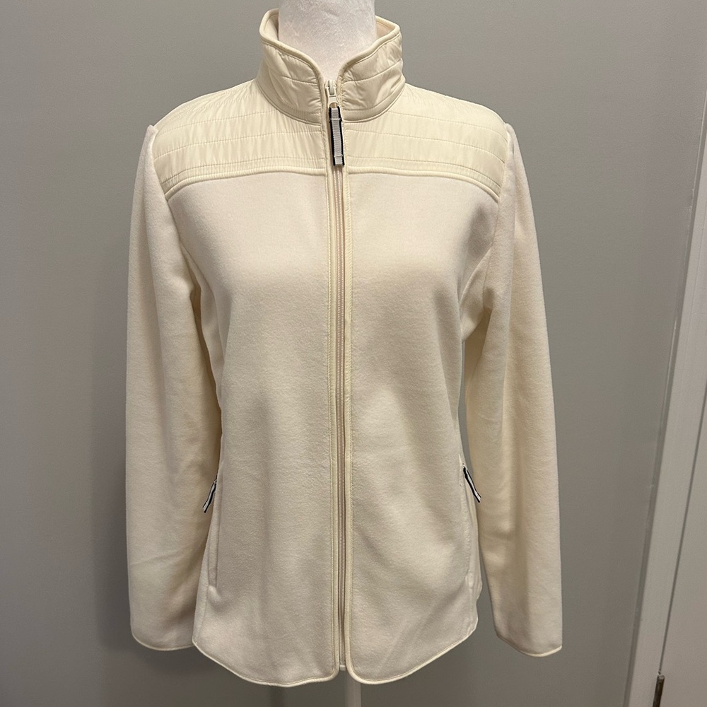 Talbots ladies medium ivory fleece jacket with quilted shoulder detail. NWT